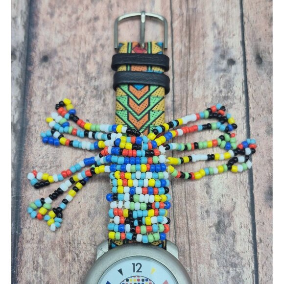 Leather Band Native Seed Bead Jacques Couture Watch Works New Battery Unique - Picture 7 of 9